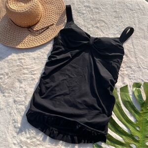 Lands’ End Black Swim Dress Tankini Top Ruched Tummy Control Size 14